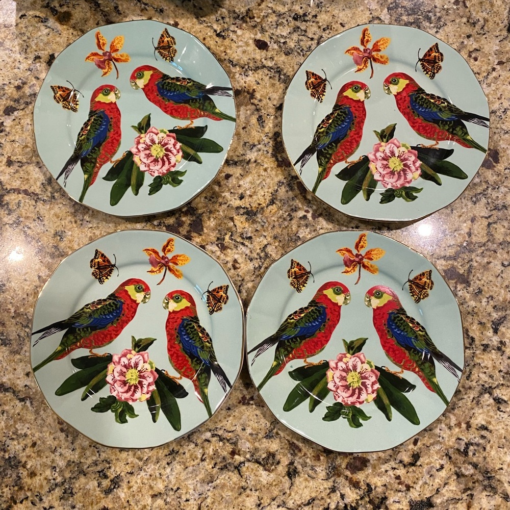 FOUR Nathalie Lete for Anthropologie 8” blue parrot dessert plates - Picture 2 of 4
